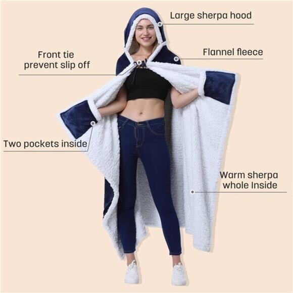 Hooded Blanket Poncho | Wearable Blanket Wrap with Hand Pockets | Sherpa Fleece - Picture 2 of 7